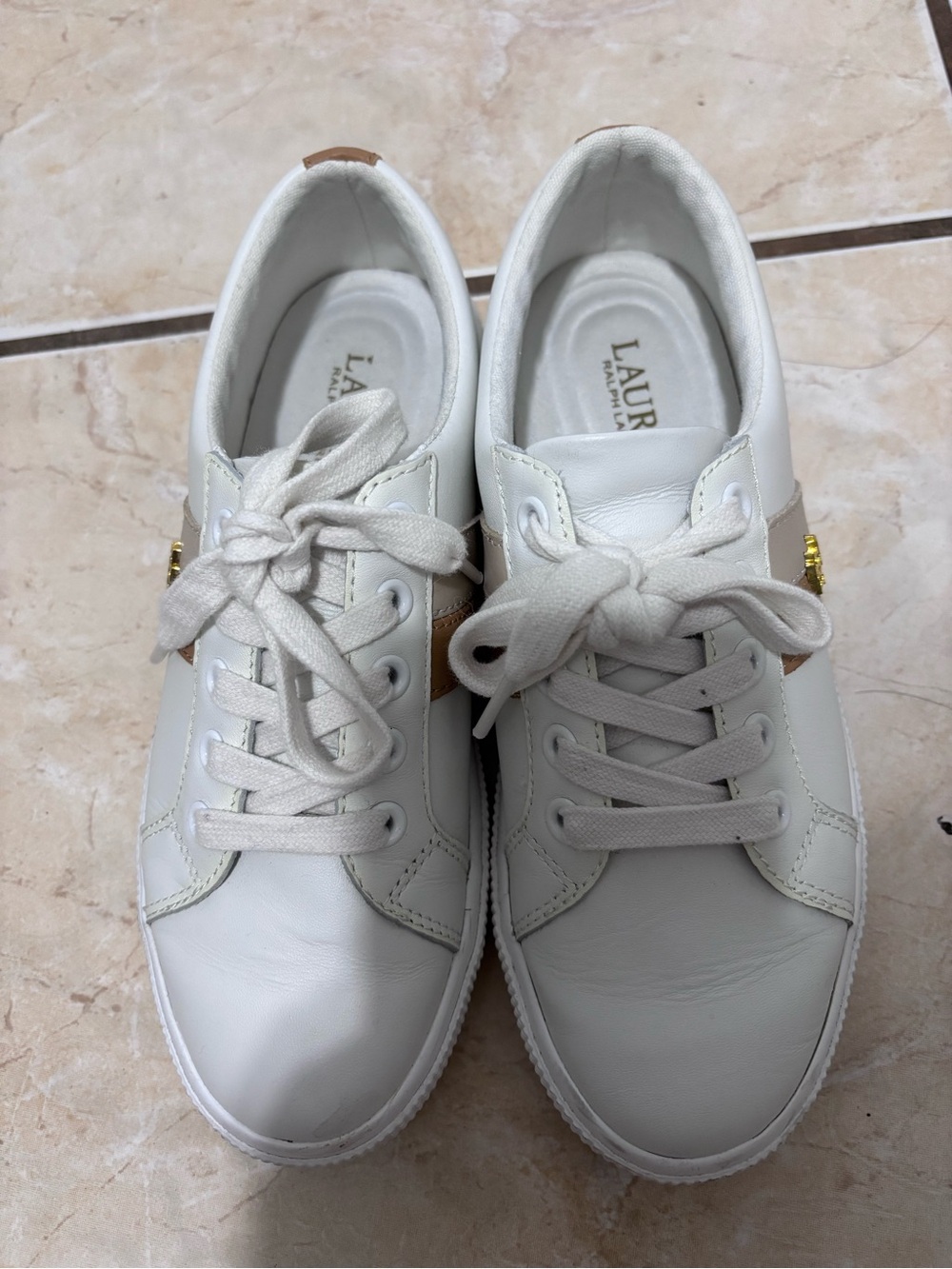 Lauren Ralph Lauren White Leather Sneakers with Gold Hardware